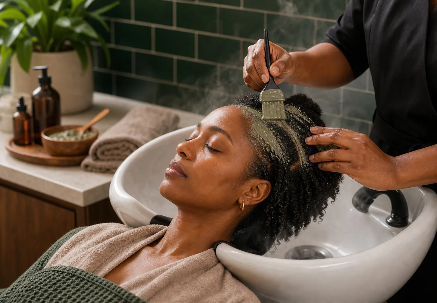 Application masque argile verte cuir chevelu afro